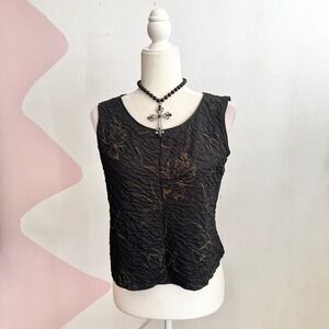 Vintage Black Floral Textured Tank Top 90s Grunge Y2K‎ 2000s Whimsigoth Large